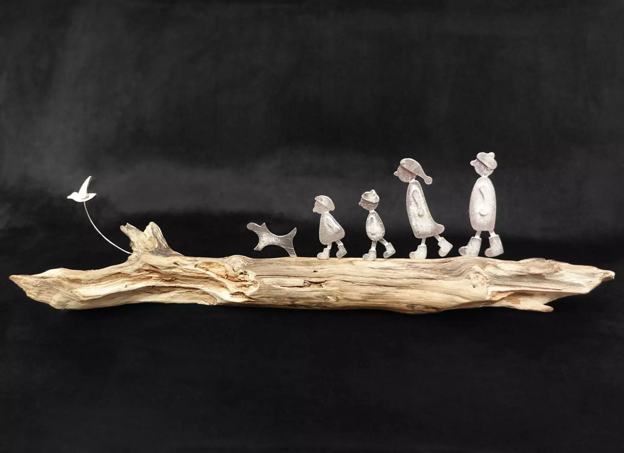 People on Driftwood - Family with Dog and Bird